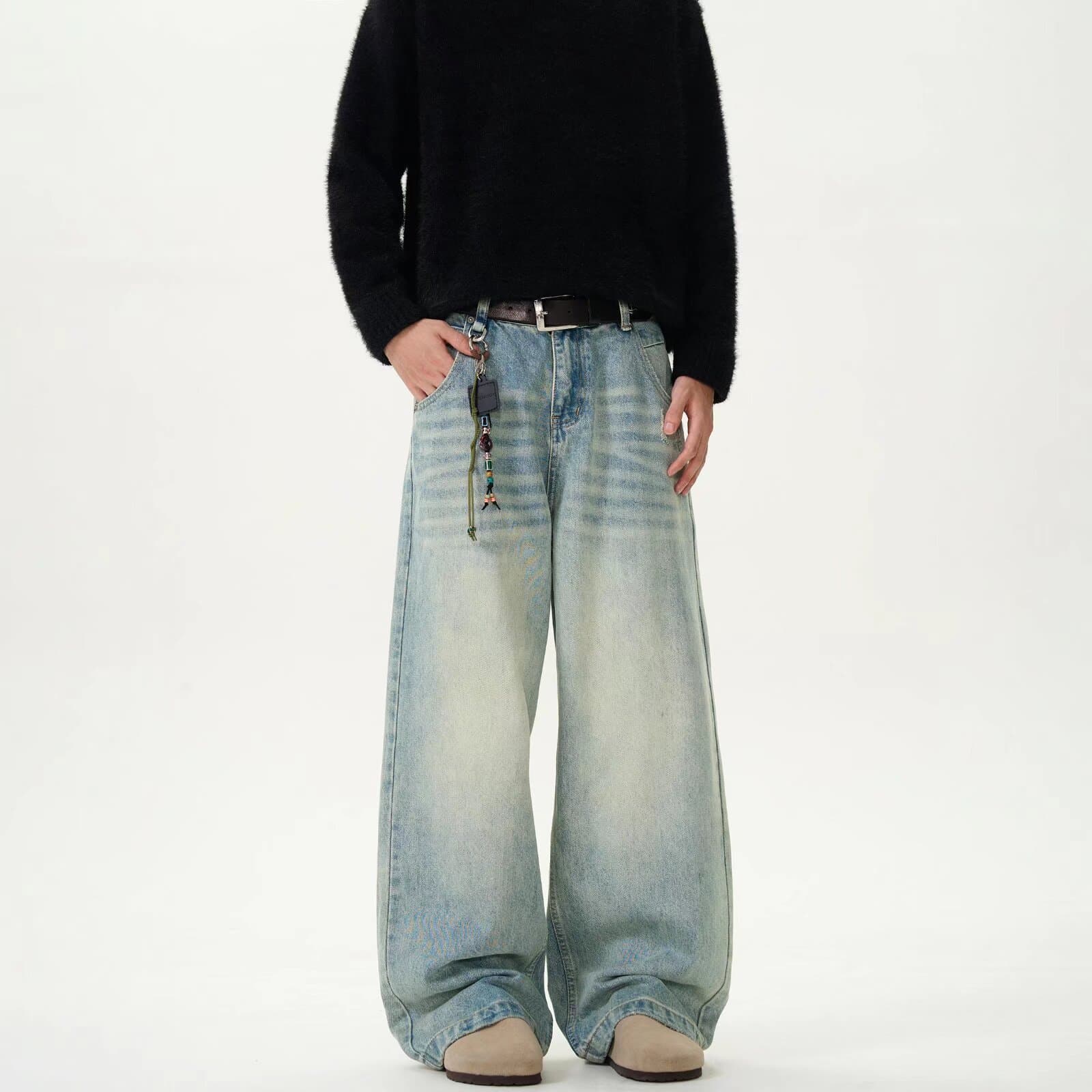 Men's Clothing Retro Washed Denim Mopping Pants For Men And Women Trendy Brand Loose Couple Casual Versatile Straight Wide Leg Trousers