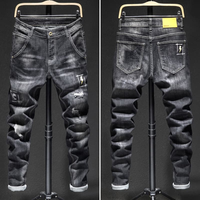 Men's Clothing Style Slim Elastic Trendy Skinny Pants With Holes And Patches Personality Trendy Brand Boys Long Pants