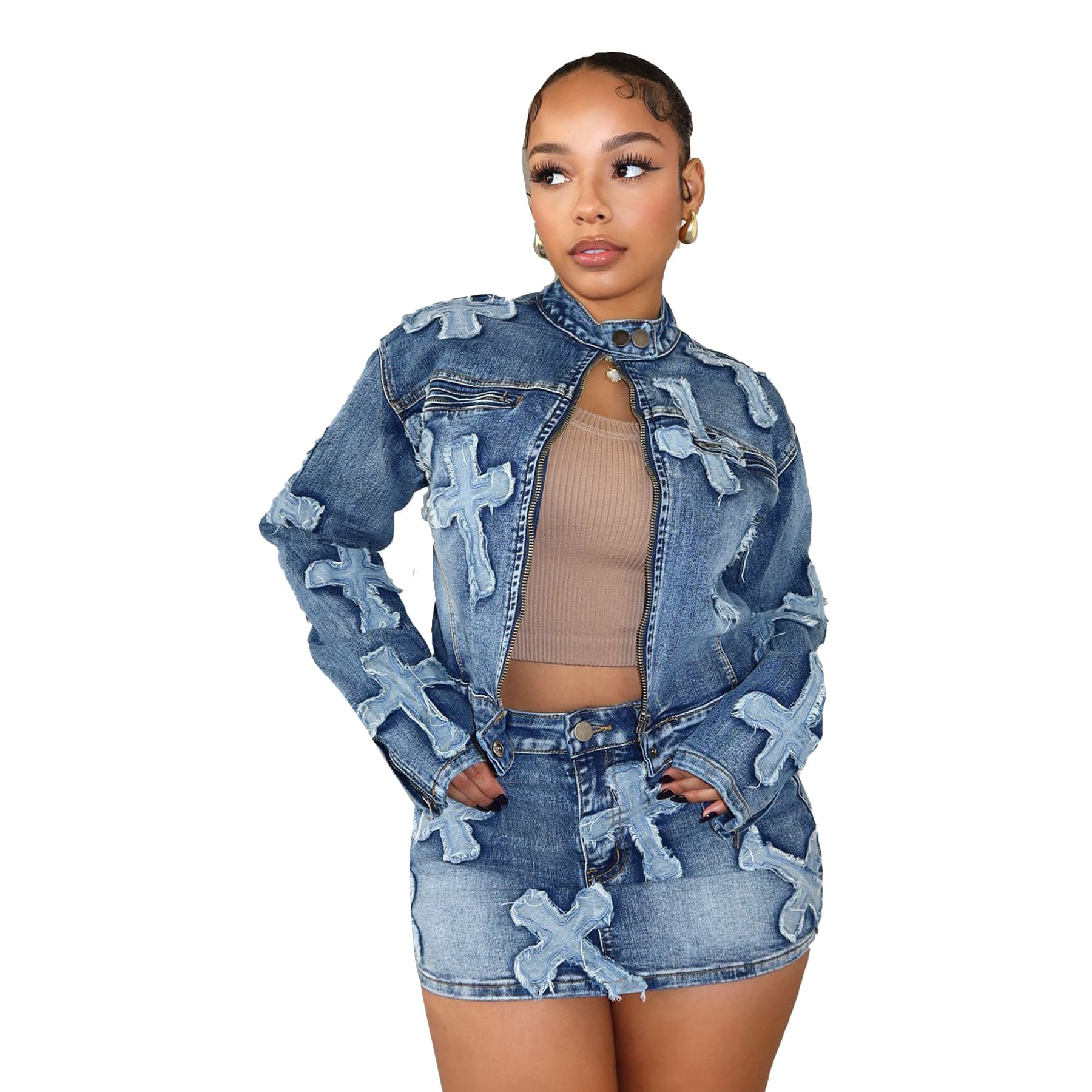 Women's fashion denim embroidered skirt jacket set