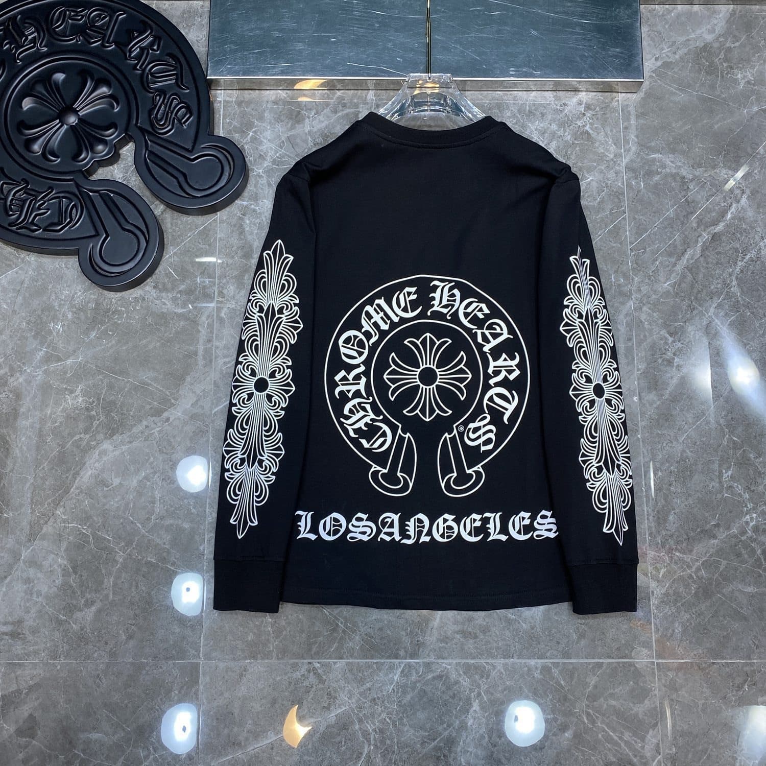 T-shirt à manches longues Chrome Hearts style fer à cheval – Coton premium, imprimé croix gothique, t-shirt streetwear graphique unisexe multico