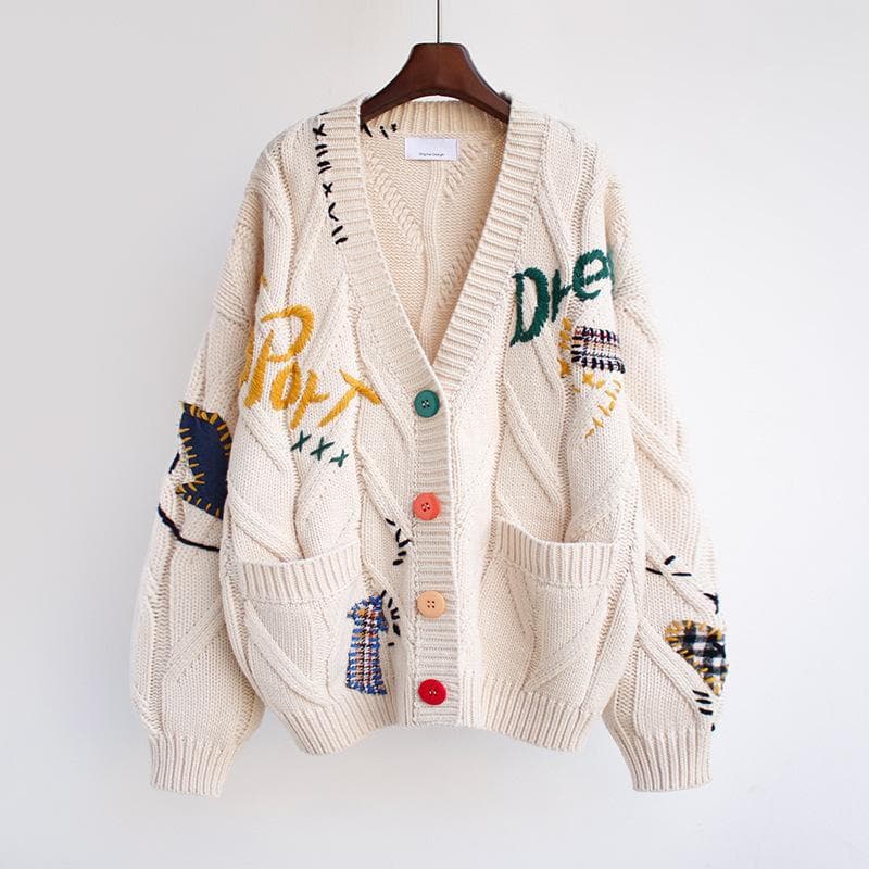 Women's Embroidered Sweater Letter Design Loose Knitted Sweater Coat Trendy