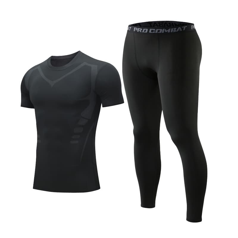Men's summer sports fitness suit quick drying tight stretch running basketball training suit short sleeve shorts two sets
