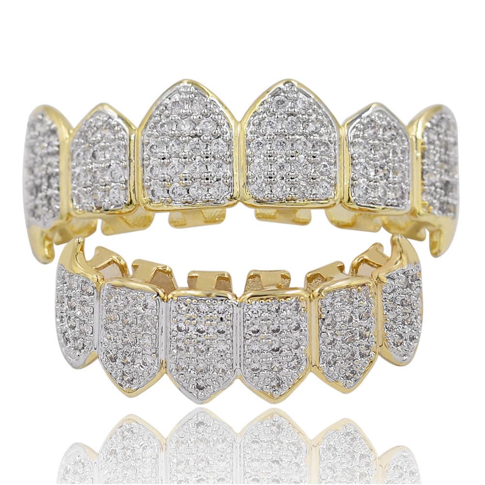 New European and American Hot Selling Fashion Trendy Popular Hip Hop Gold Teeth Set with Sharp Teeth Jewelry Micro Inlaid Gold Teeth Decoration