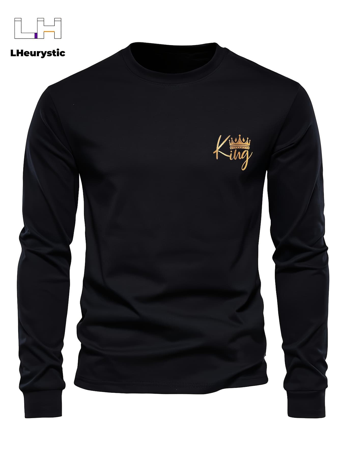 Men's Long Sleeved Round Neck Black T-shirt Top Loose 100 Cotton King Print
