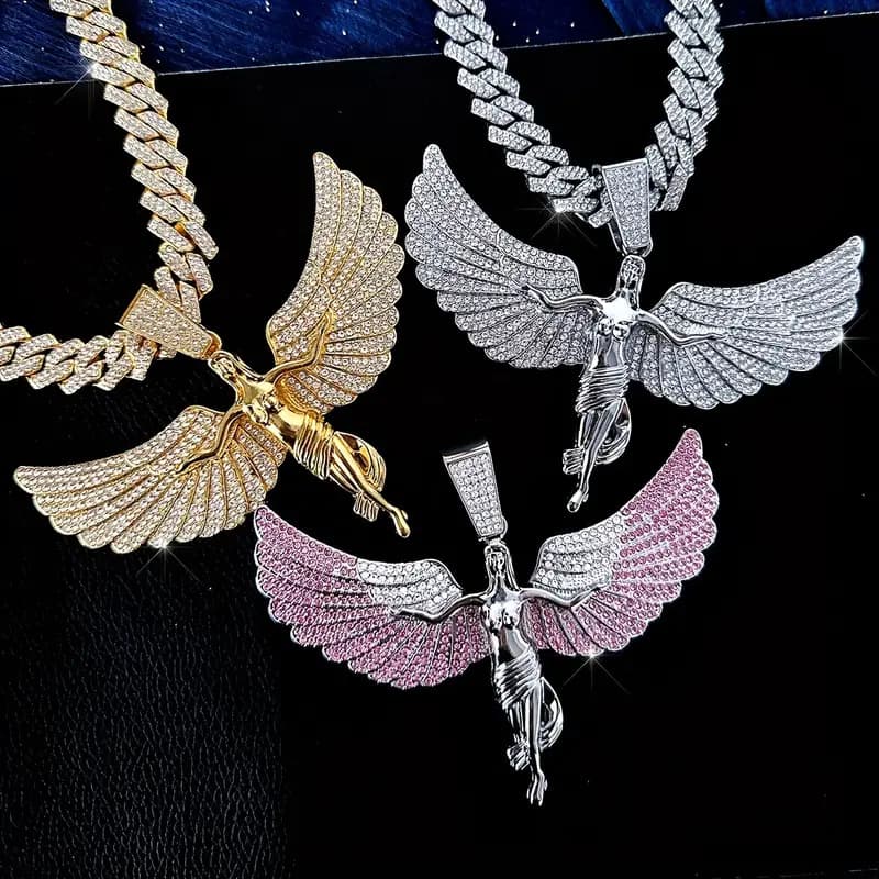 Light Luxury Full Diamond Angel Wings Zinc Alloy Large Pendant Personality Hip-Hop Style Rap Simple Unisex Necklace