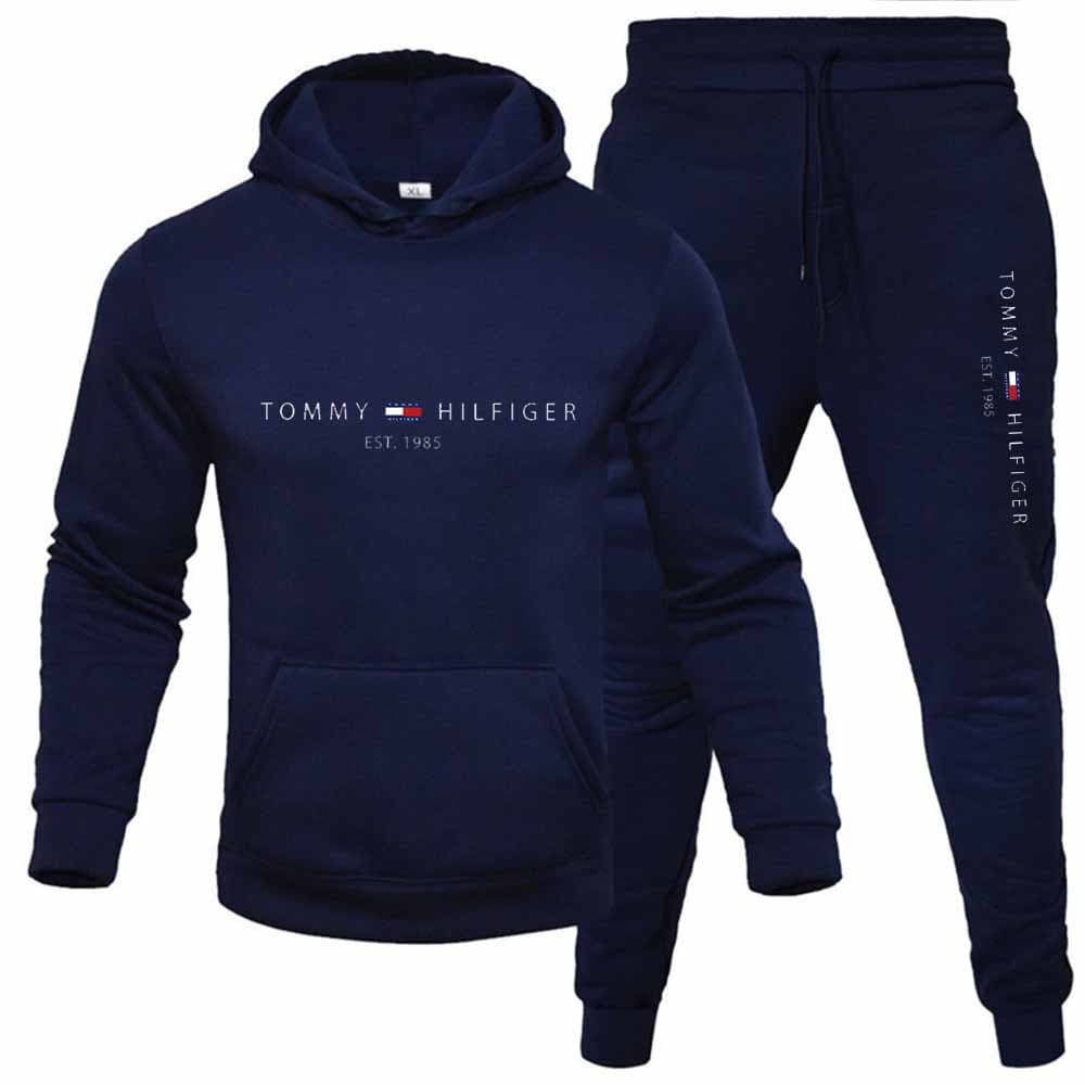 PQ Automne Hiver Hommes Pull Plus Polaire À Capuche Costume Imprimé Couleur Unie Pull Sport Ensemble 2 Pièces