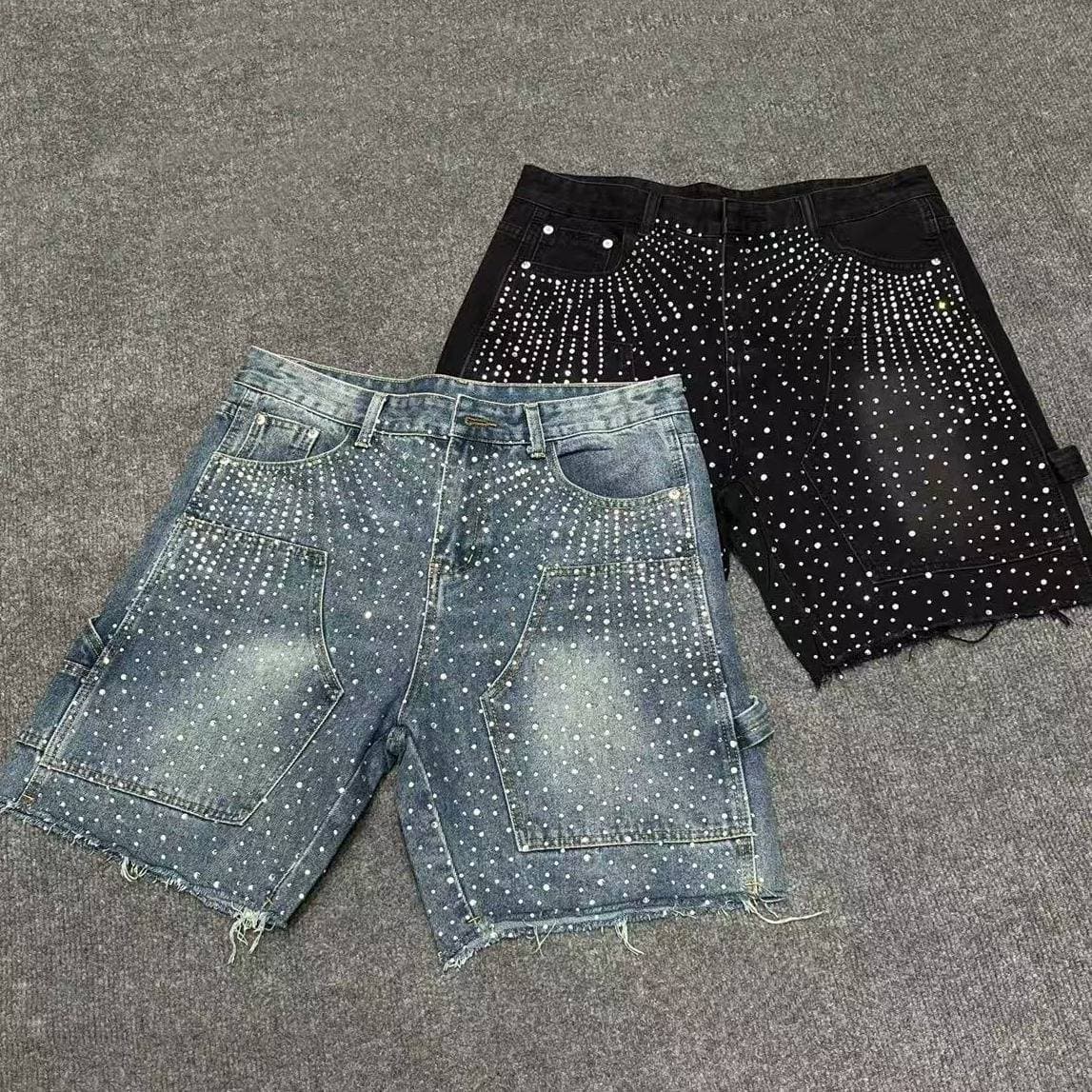 ​​Men's Rhinestone-Studded Denim Shorts – Loose Fit Hip-Hop Cargo Pants With Patchwork Pockets (S-XL, Black/Blue, Non-Stretch Cotton)​