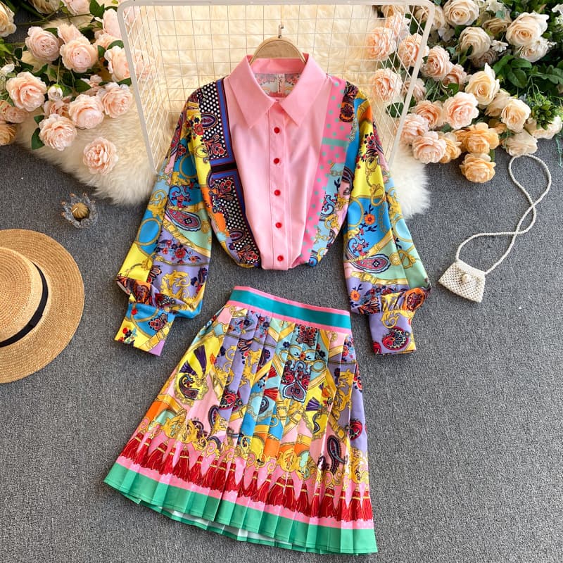 women's Bohemian exotic printed lapel puff sleeve shirt for women high waist slim slim skirt suit for women