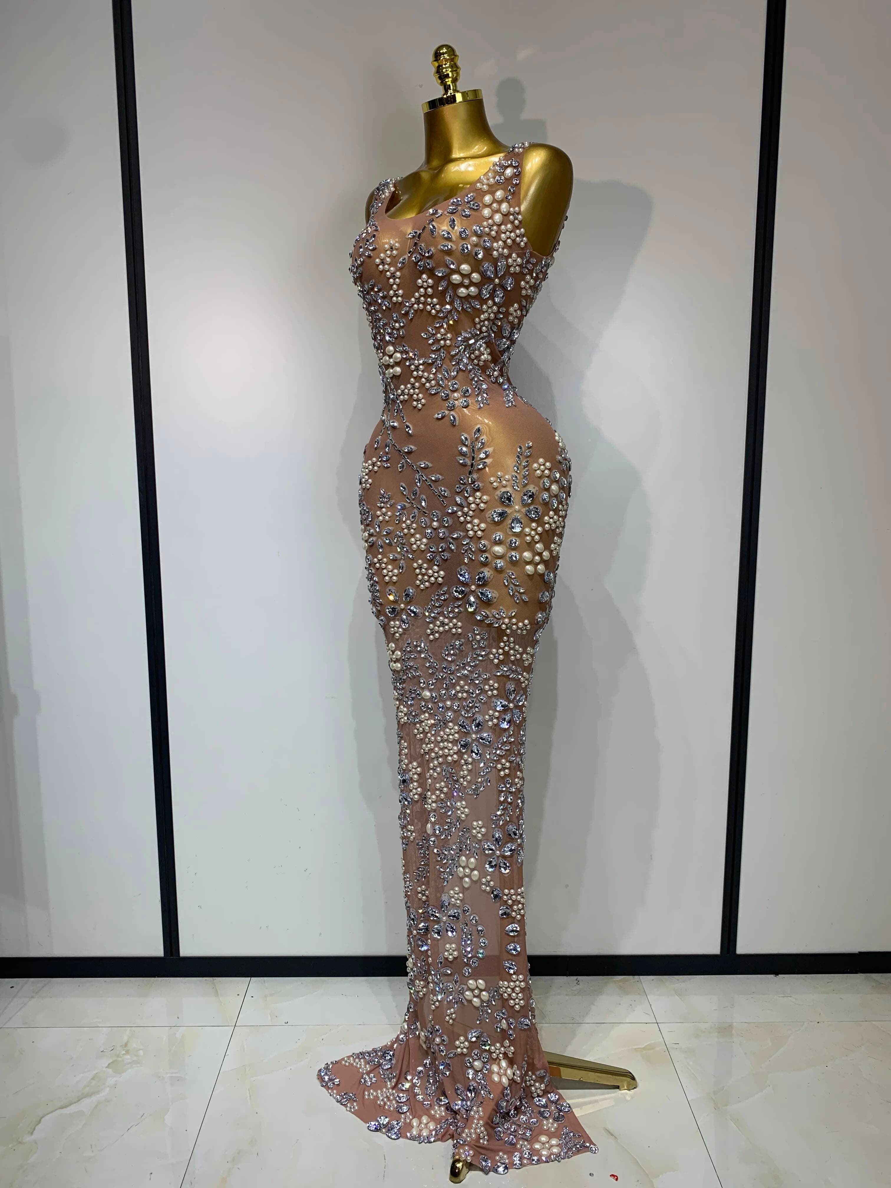 Women Lxury Diamonds Mesh See Through Long Dress Celebrity Elegant Evening Party Fancy Club Dress Singer Performance Costume 9V5