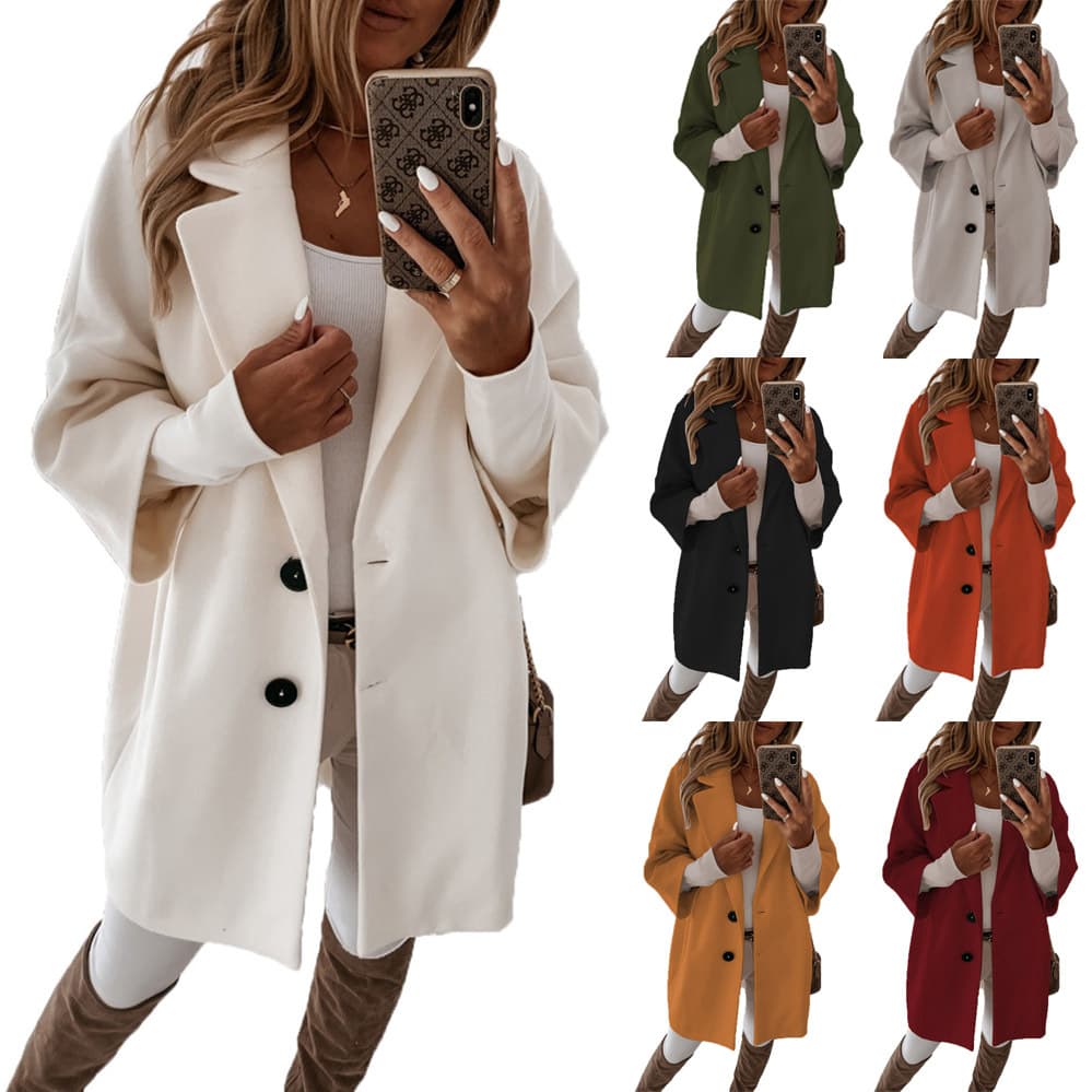 Women's fashion three-quarter sleeve button-down lapel pocket woolen coat
