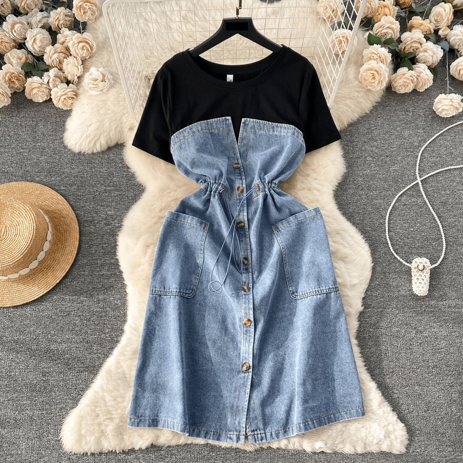 Women's temperament, age-reducing vacation two-piece dress, women's French high-end round neck short-sleeved patchwork waist denim long skirt