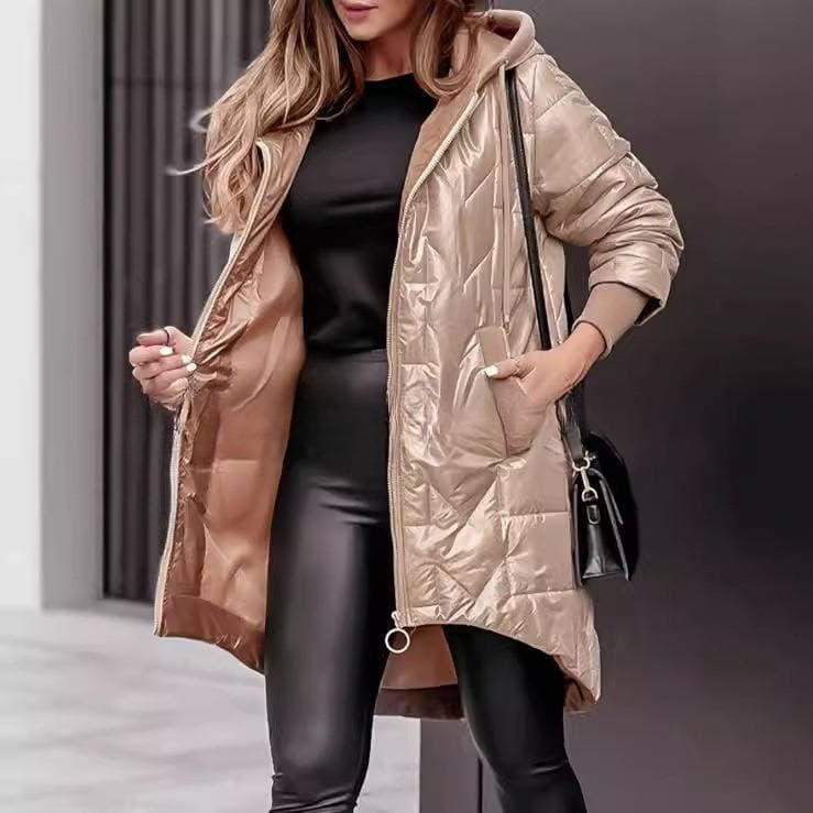 Women's Clothing New Fashion Hooded Loose Long Sleeve Solid Color Zipper Cotton Jacket M Coat Women