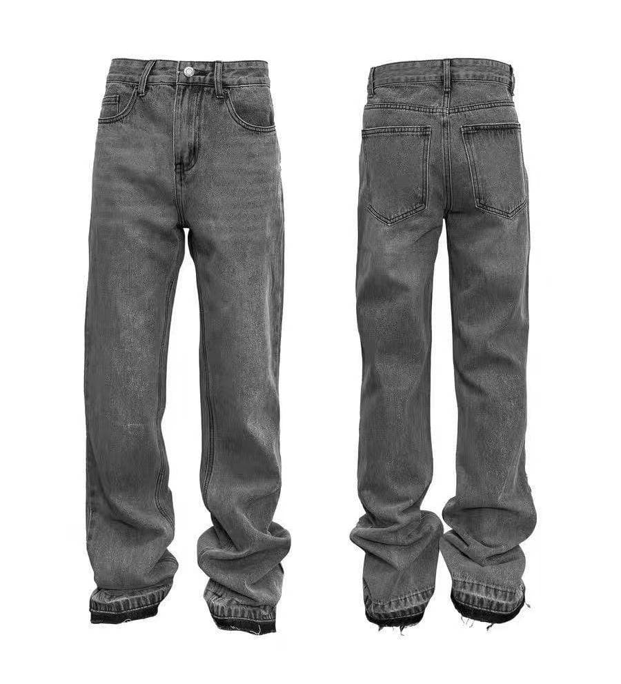 Men's Vintage Grey Cleanfit Distressed Flared Jeans High Street Micro Bell Bottoms With Frayed Hem Mid Waist Zipper Fly