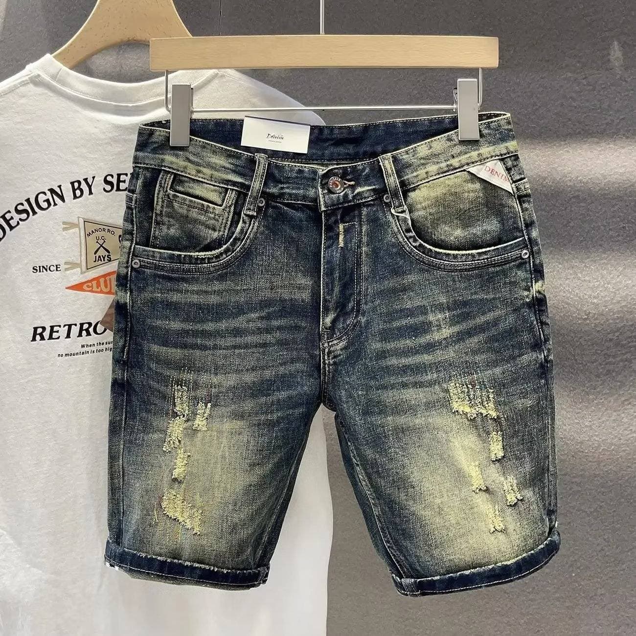 Men's Clothing Back Pocket Print Slim Fit Denim Shorts Boys Casual Stretch Five Points