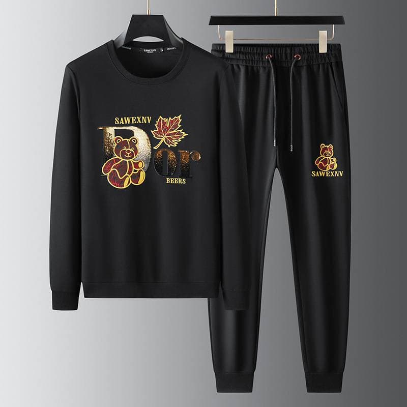 Men's Clothing Casual Sports Suit, New Style Autumn Cartoon Bear Sequin Embroidery Pullover Sweater Two-piece Suit