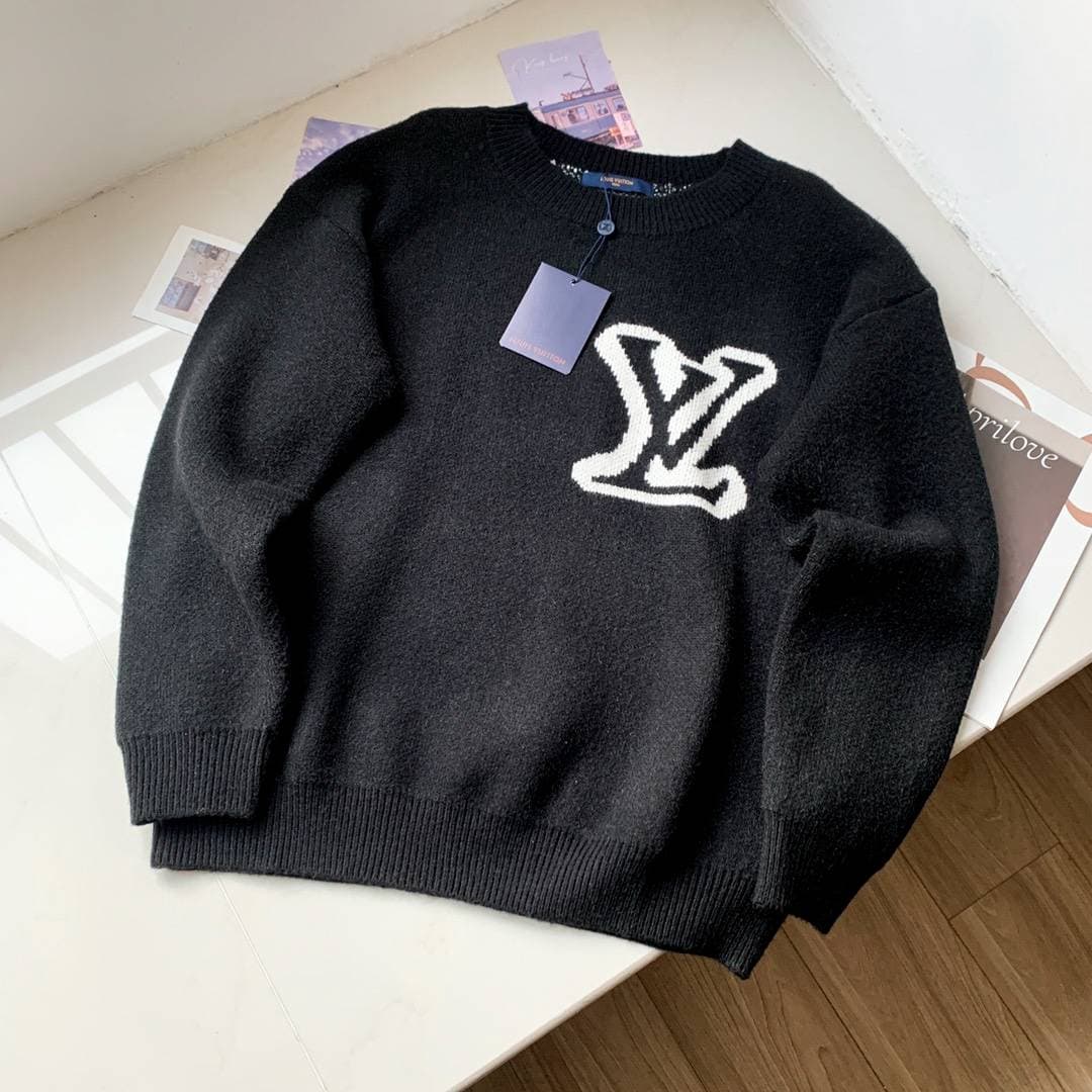 Pull unisexe Louis Vuitton automne-hiver à col rond, logo jacquard bicolore, pour homme et femme