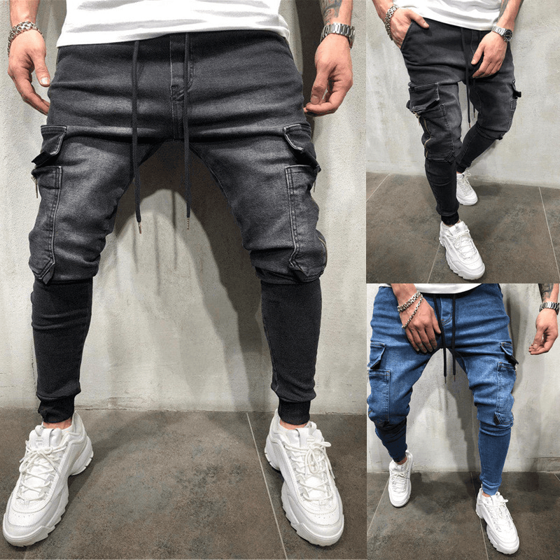 Men's Casual Sports Pencil Pants, Leggings, Multi-pocket Jeans