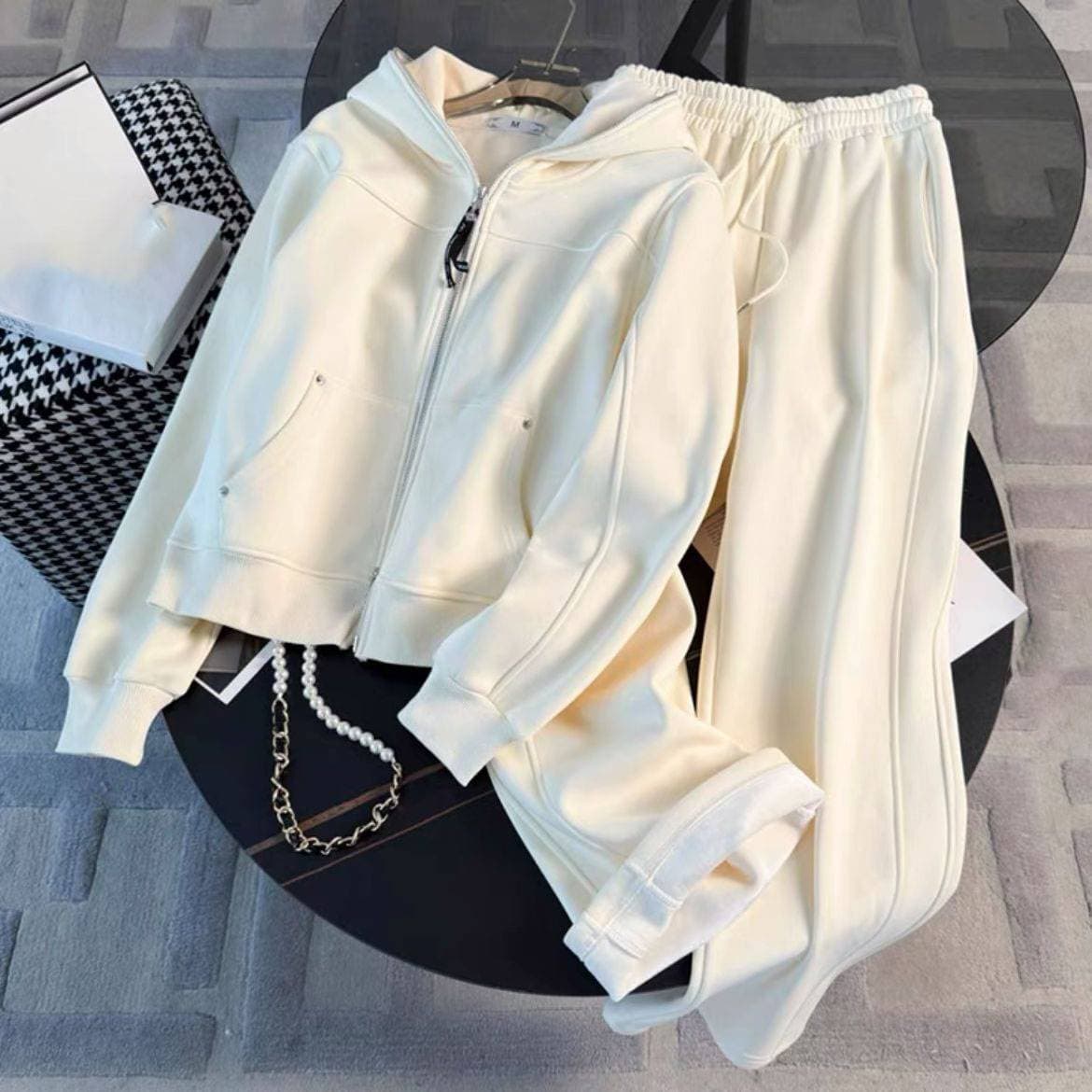 Women's Clothing Casual Sports Suit Red Plus Velvet Jacket Wide Leg Pants Two piece Set