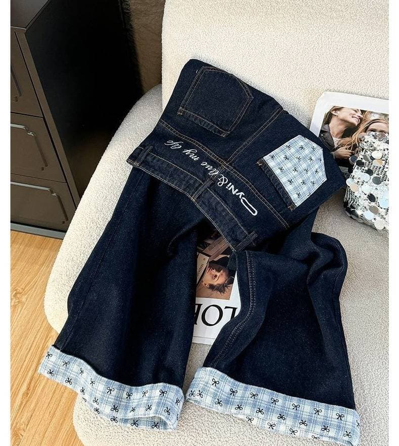 ​​Women's High-Waisted Wide-Leg Jeans – Contrast Cuff & Letter Embroidery, Relaxed Fit Dark Blue Denim Pants (XS-3XL)​​