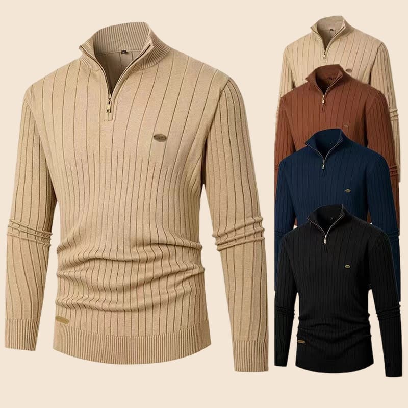 ​Men's Knit Sweater Jacket - Slim Fit Stand Collar Half-Zip Pullover With Ribbed Detailing, Lightweight & Stylish For Casual Wear​