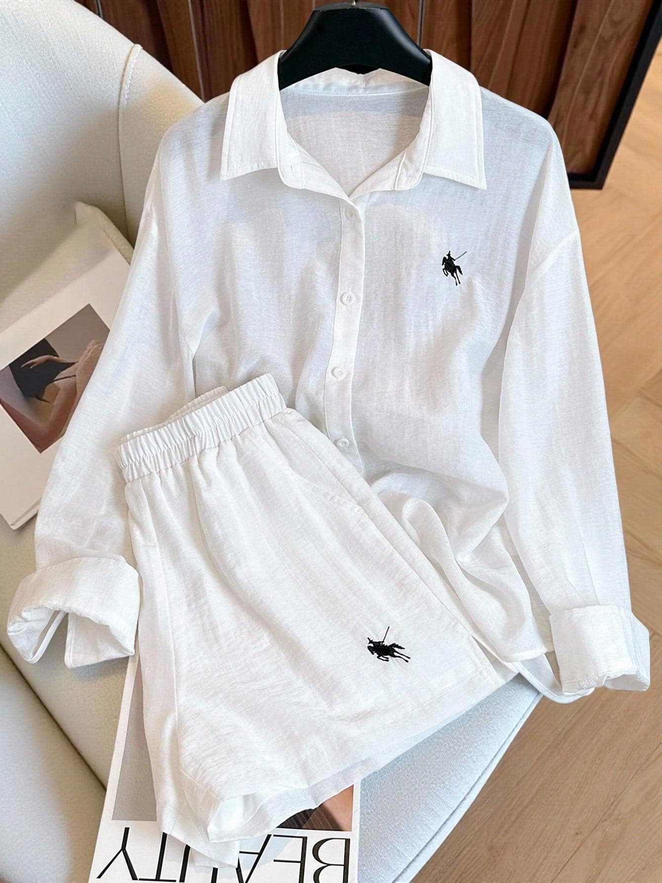 Polo Brand Embroidered Shirt Set Women Loose Long Sleeve Sun Protection Shirt + Shorts Two-Piece Casual Resort Wear