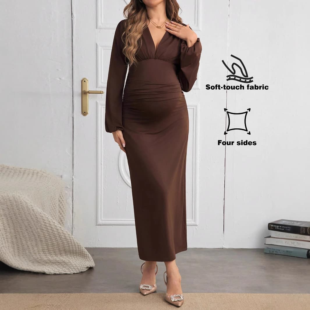 Maternity Dress Cross Border Long Sleeved Pleated Solid Color Slim Maternity Skirt Medium Length V Neck Maternity Dress