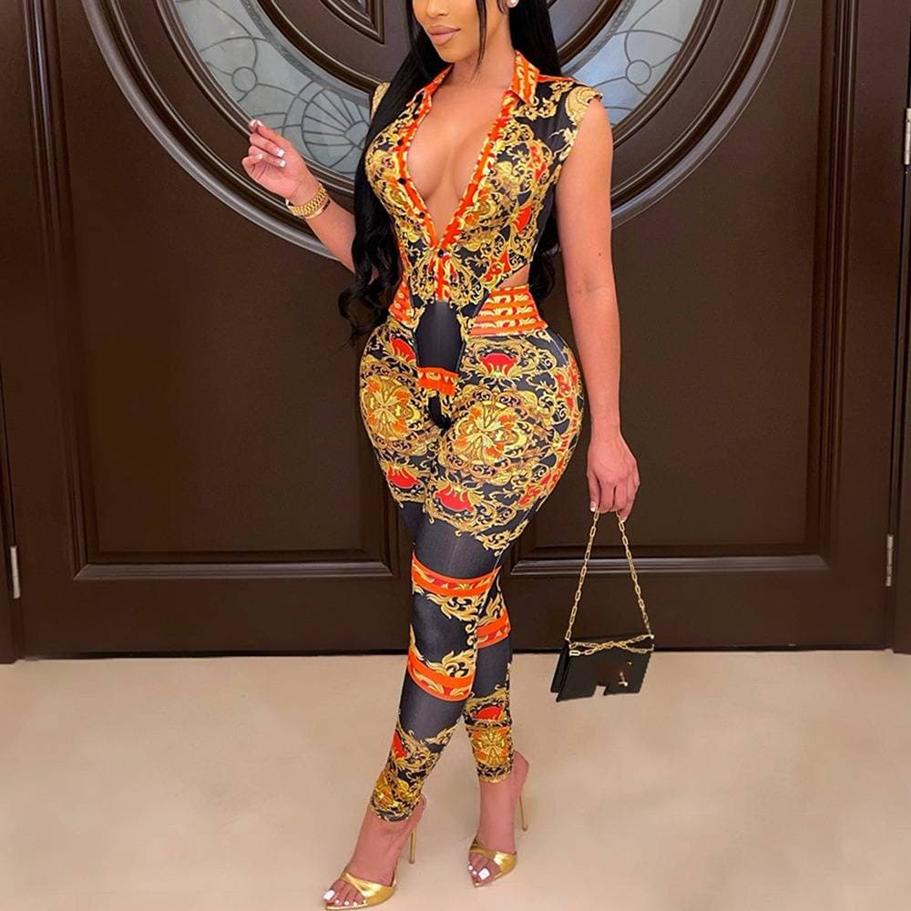 Women's Clothing sexy V neck tight digital positioning printed two piece set