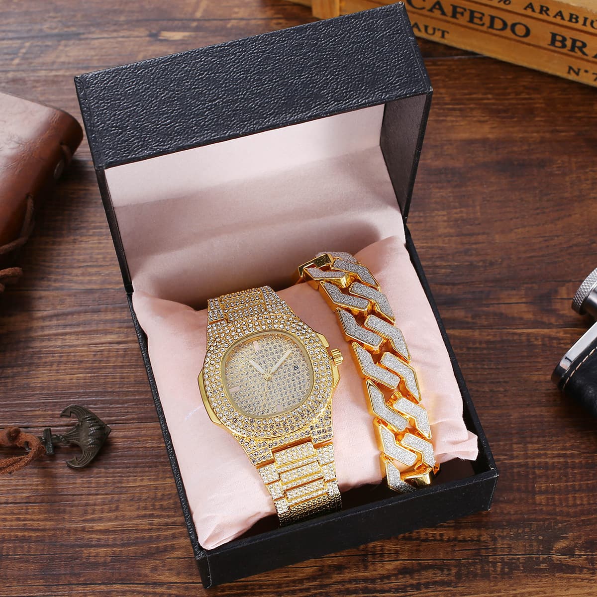 Fashion luxury diamond band calendar steel belt quartz watch plus bracelet 2PCs