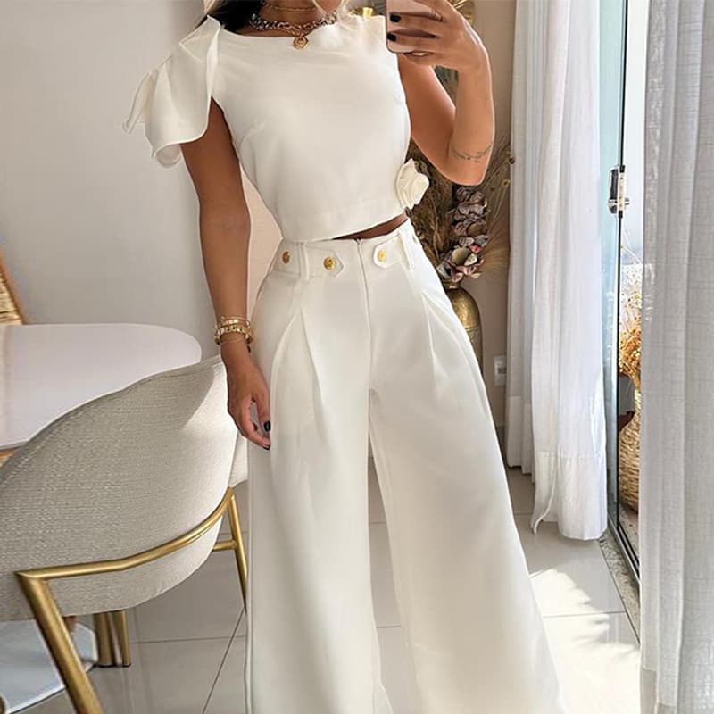 Women's Fashion Solid Color Single Room Petal Sleeve High Waist Temperament Pants Suit For Women