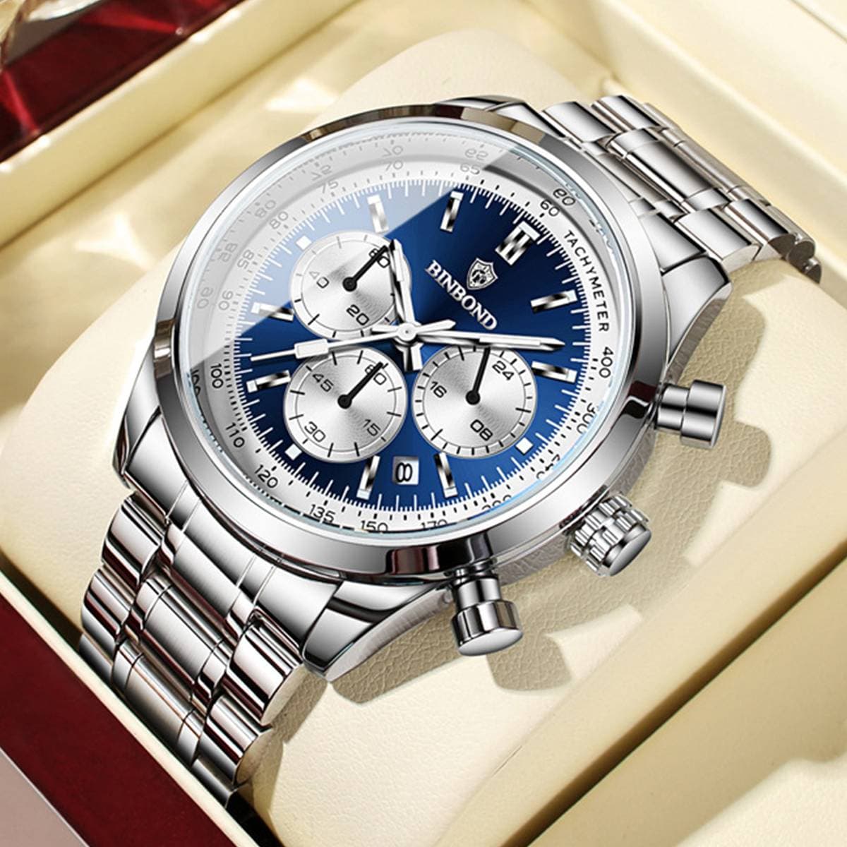 BINBOND Men Quartz Sports Watch Waterproof Luminous Stainless Steel Chronograph Men Clock Christmas Gifts
