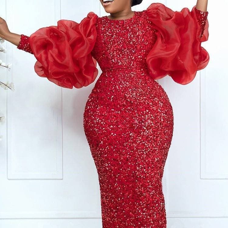Women's Clothing High End Puff Sleeve Sequin Embroidery High Waist Temperament Women's Dress Evening Dress