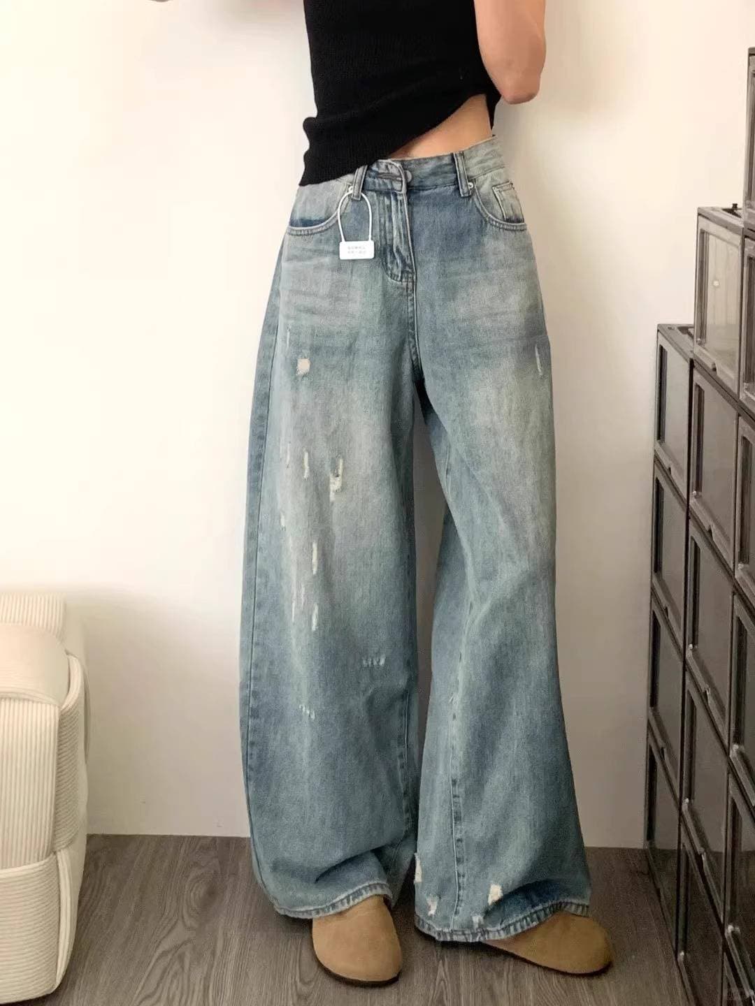 High-waisted Ripped Denim Wide-leg Pants For Women, Large-sized Autumn Design, Hip-covering And Slimming, Washed Floor-standing Straight Pants