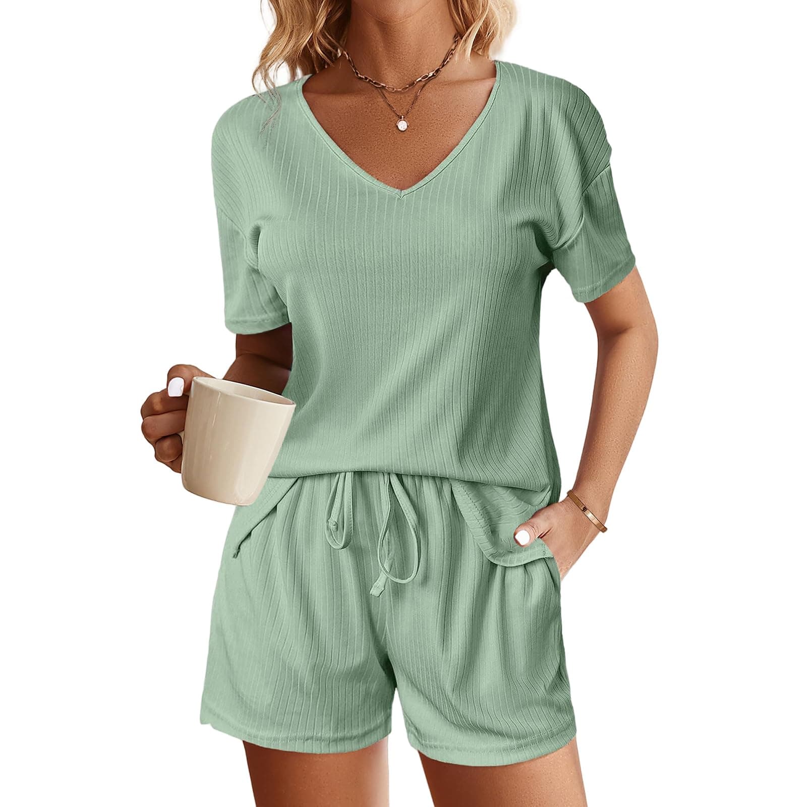 Women's Clothing New Solid Color V Neck Short Sleeved Waist Drawstring Shorts Two Piece Casual Suit For Women