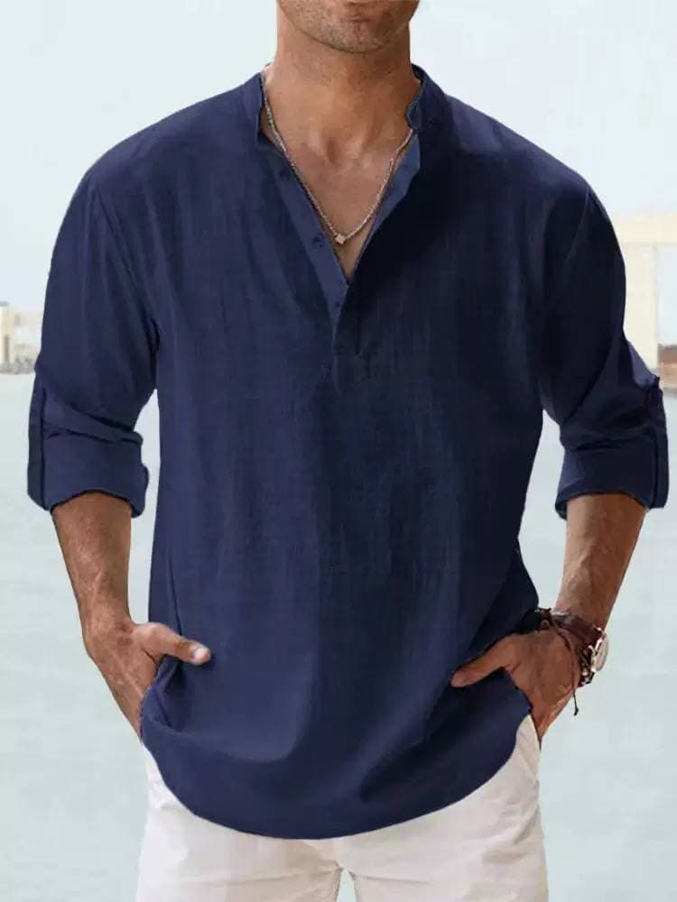 2025 Men's Linen Stand Collar Long-sleeved T-shirt, Loose-fitting Undershirt, Pure Color Long-sleeved Shirt