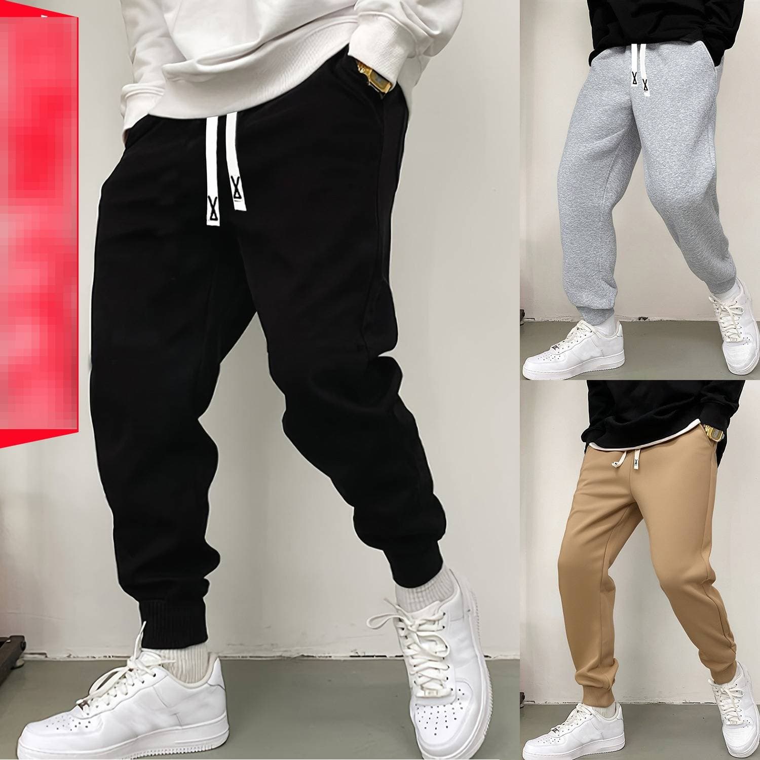 Korean Style Loose-Fit Knit Pants For Men – Cuffed Hem Casual Trousers (Black/Light Gray/Khaki, M-XXL)