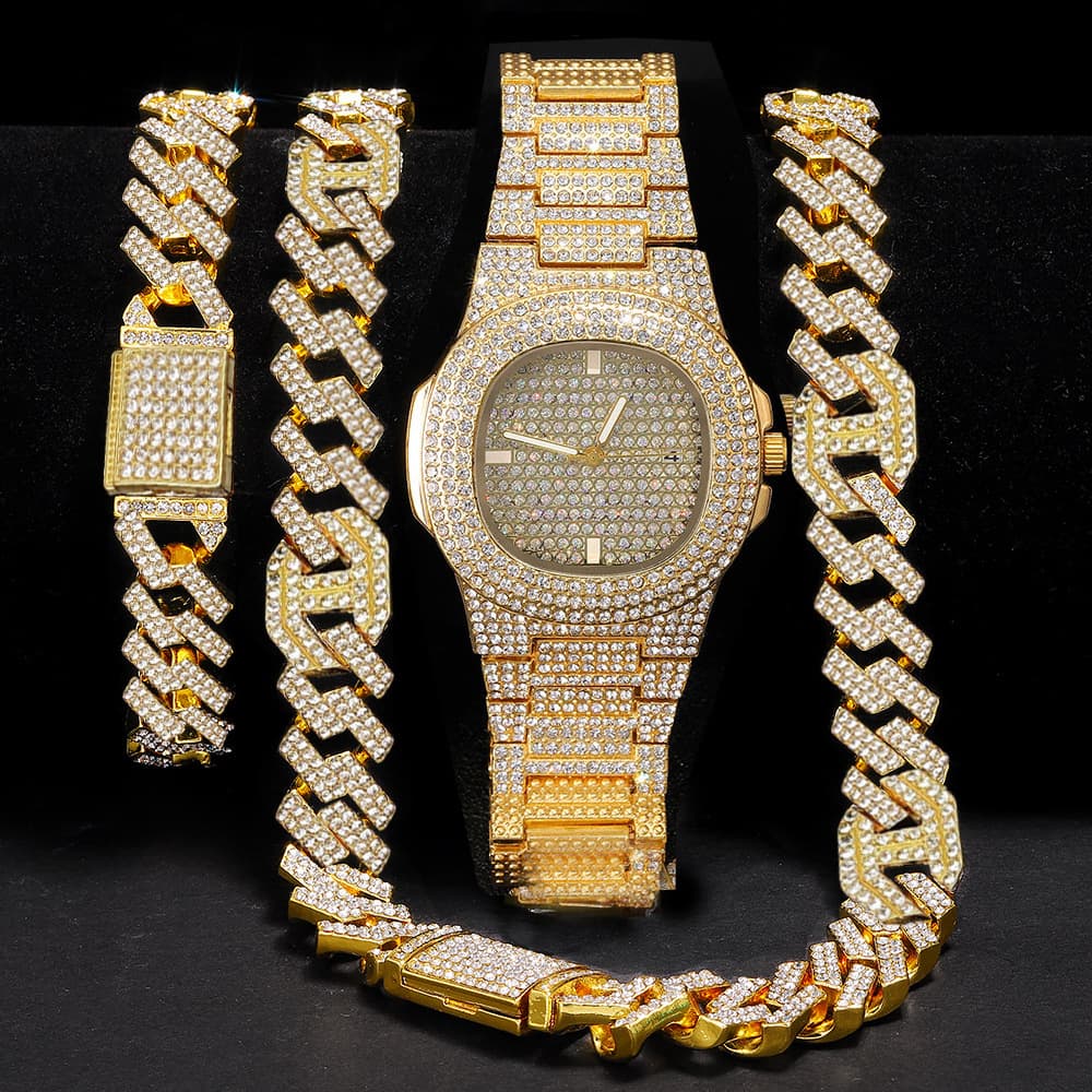 Full Diamond Set Men's Quartz Watch Necklace Bracelet Calendar Watch Party Jewelry Set Unisex Glittering Diamond Accessory