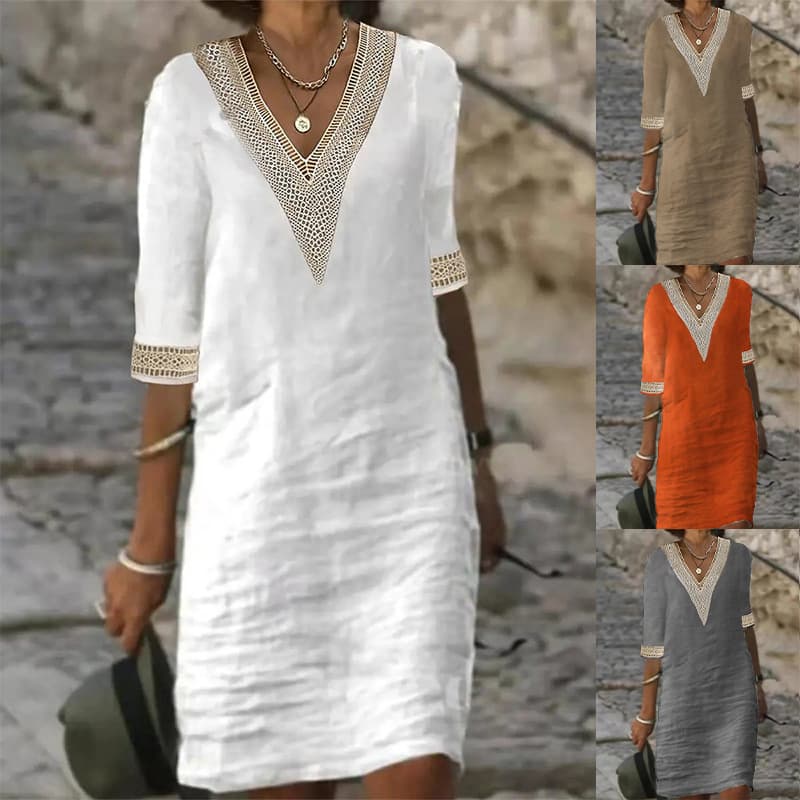 Women's solid color V-neck mid-sleeve cotton and linen casual dress
