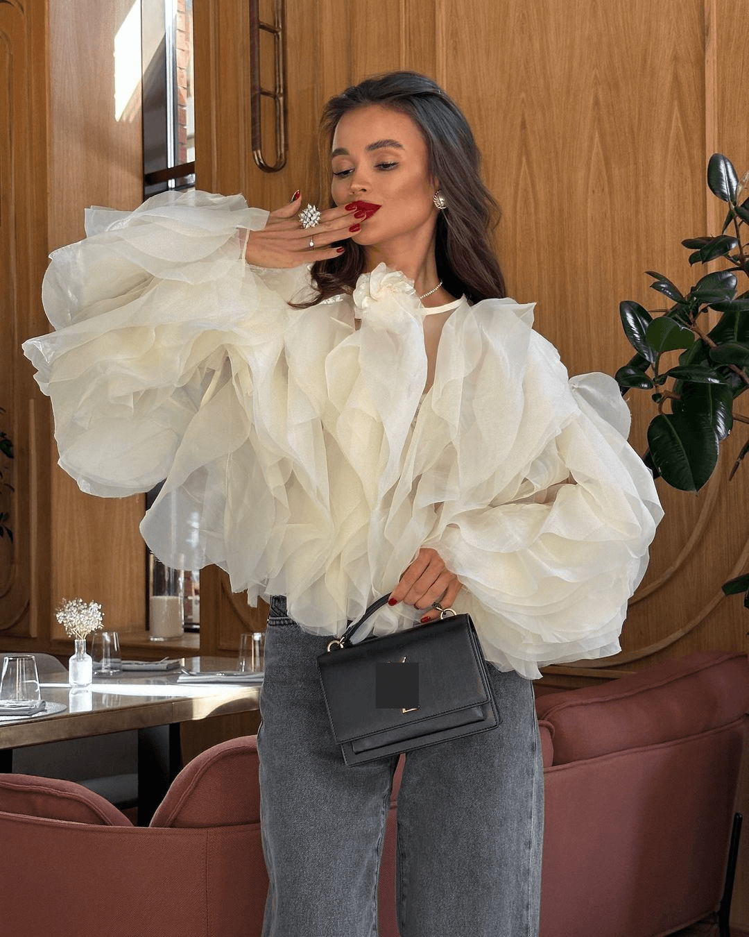 Round neck pullover multi-layer ruffle stitching women's shirt long sleeve fashion short round neck wooden ear edge fashion tops for women
