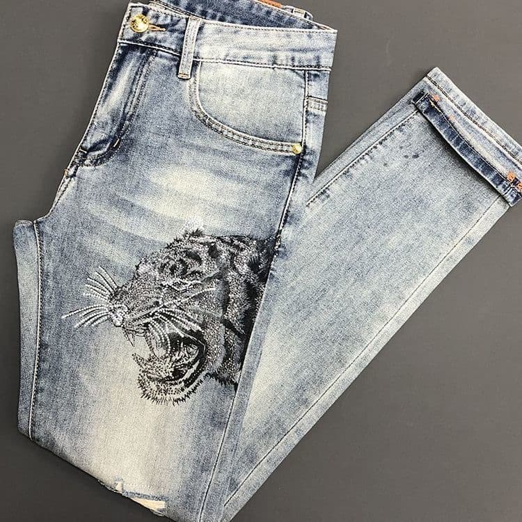 ​​Men's Color-Shifting Tiger Jeans - Rhinestone Distressed Denim (European Luxury Edition)​​