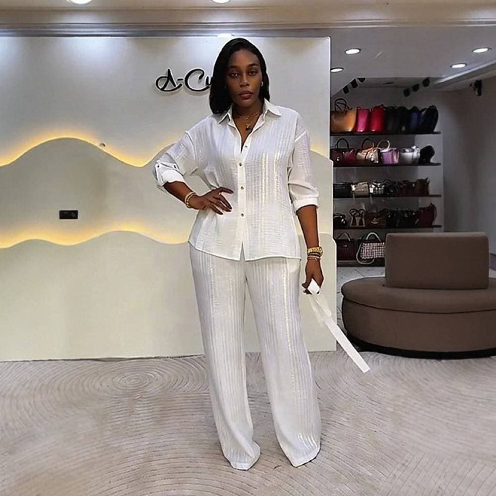 Women's Spring Fashion High-Waisted Wide-Leg Pant Set With Lapel Tie-Up Shirt - Casual Two-Piece American Style