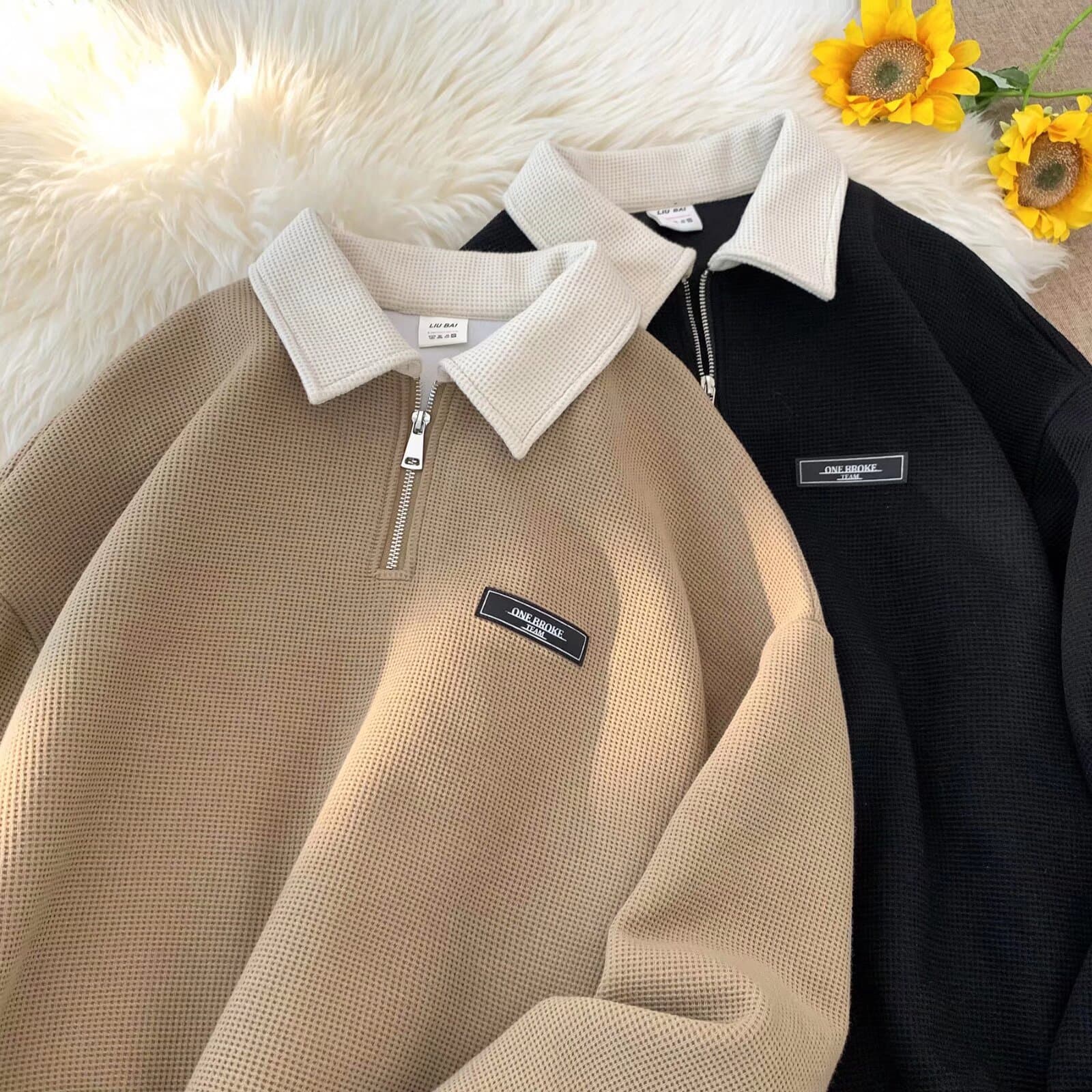 Men's Clothing Waffle Contrast Lapel Sweatshirt Men's Loose Street Fashion Spring And Autumn Half Zip Heavy Long Sleeve Polo Shirt