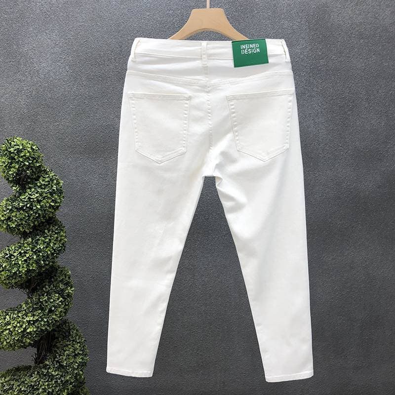 Jean de couleur unie pour hommes, pantalon Slim à neuf points, de marque tendance, Slim, décontracté, blanc, pour jeunes hommes