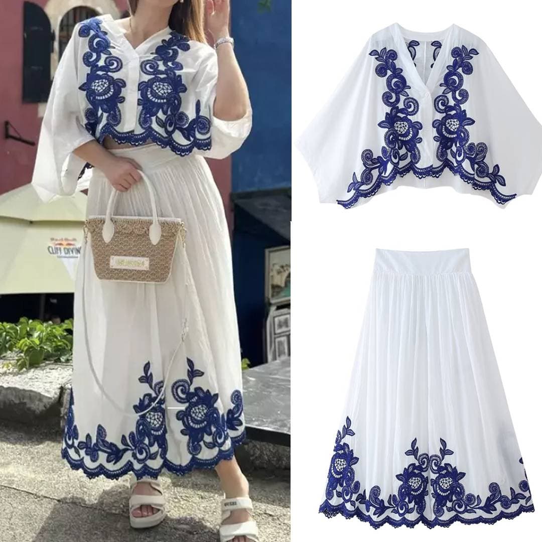 New Arrival Women's Fashion Contrast Color Exquisite Embroidery Shirt Skirt Suit
