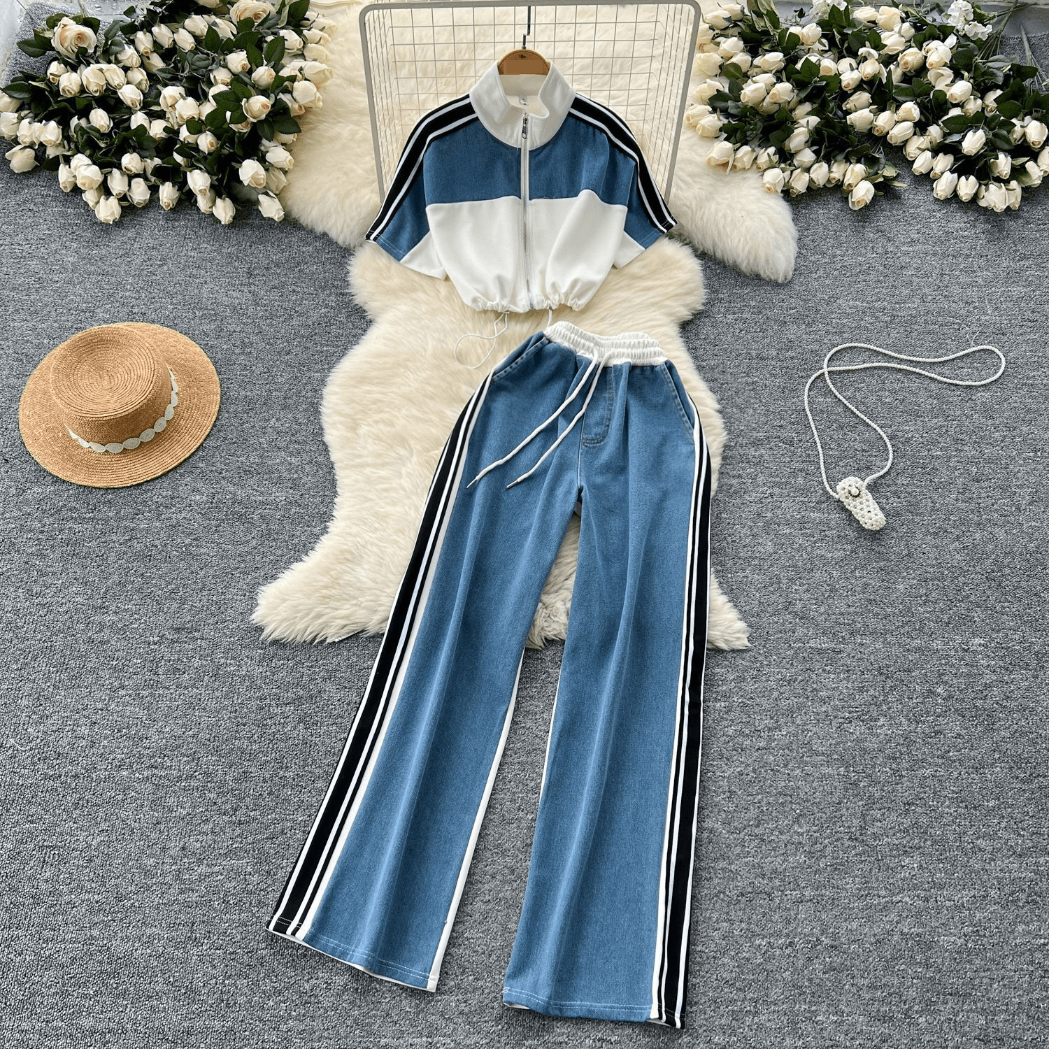 Women's Clothing Fashion Suit For Women Drawstring Waist Short Contrast Color Stand Collar High Waist Denim Wide Leg Pants