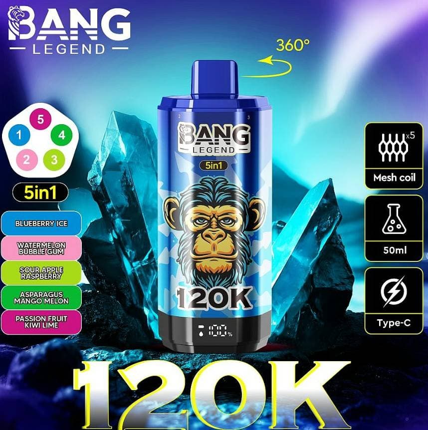 1 cigarette électronique jetable Bang Legend 120 000 bouffées, résistance Mesh 120k, affichage LED, 5 saveurs en 1 réglables, 2 % de nicotine