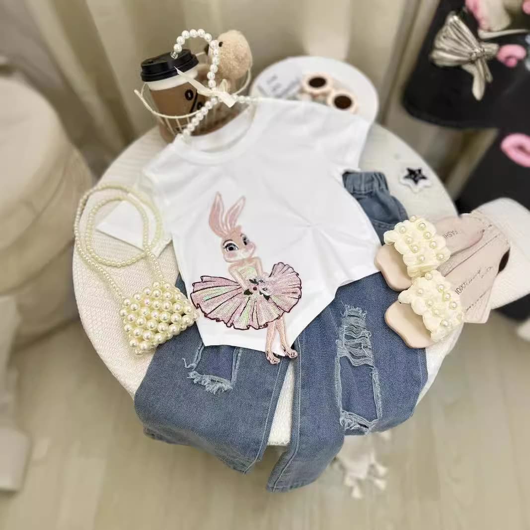 Kids Clothing children's clothing new ballet rabbit short sleeved T shirt plus fashionable ripped jeans