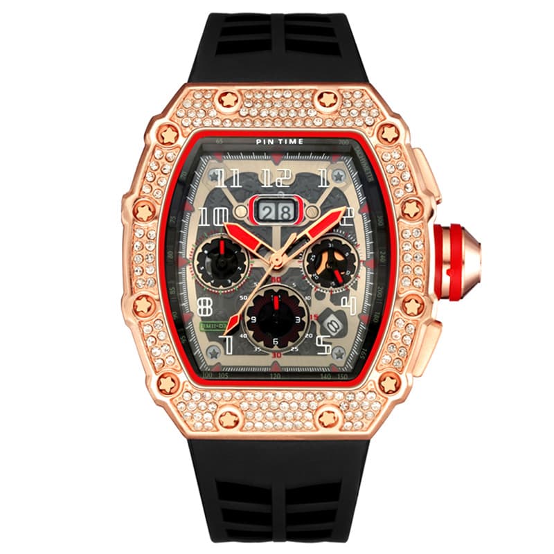 Trendy personalized men's hot diamond encrusted bezel tonneau square watch multifunctional miller rubber belt watch