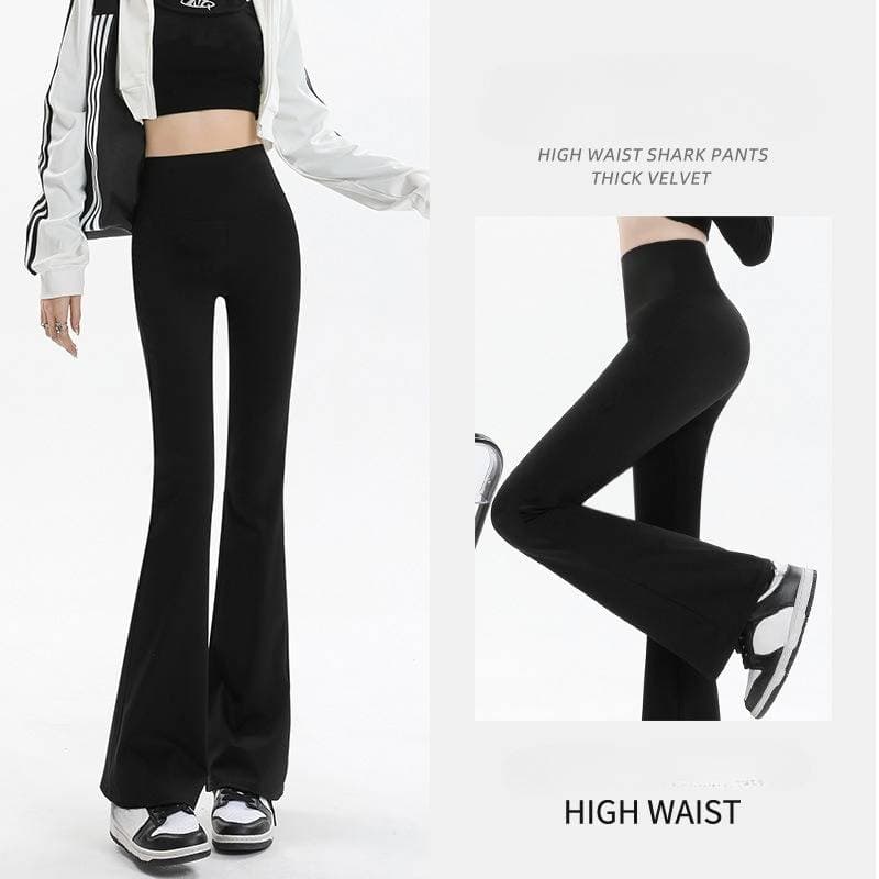 High-Waisted Flared Leggings – Shark Hem Stretch Pants With Bootcut Silhouette For Women (Black/Gray, M-XL)​