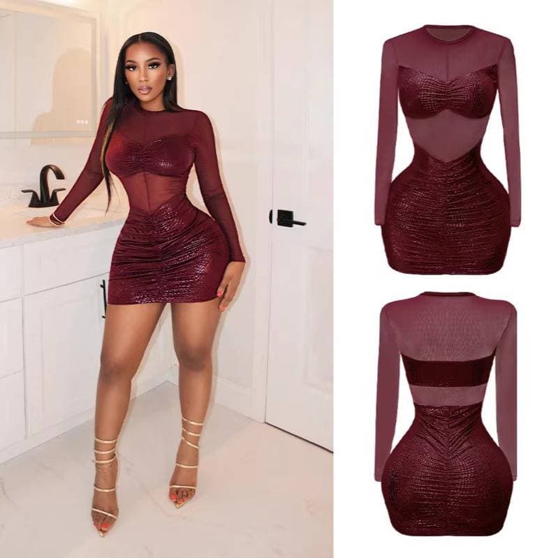 Sexy Mesh See-through Long Sleeve Spliced Bodycon Dress European Style Evening Gown Women's Fashion Outerwear Skirt Set