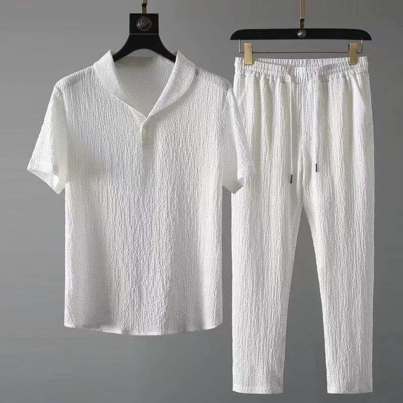 2Pcs Set Summer Outfits Men's Sets Solid Color Short Sleeve T Shirts Pants Two Piece Set Men Tracksuits